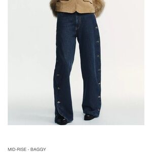 Zara Dark Blue Wide Leg Jeans with Button Detail on Sides